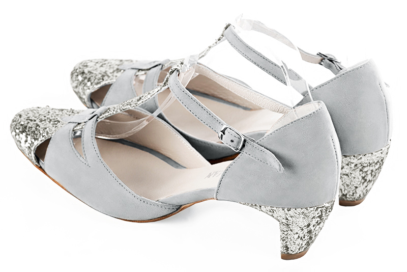 Light silver and pearl grey women's T-strap open side shoes. Round toe. Low comma heels. Rear view - Florence KOOIJMAN